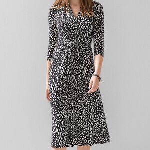 White House Black Market Brushstroke Print Twist Front Midi Dress Black NWT